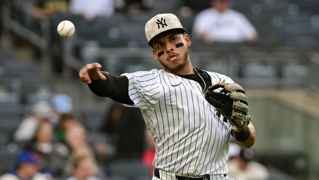 May 16, 2025; Bronx, New York, USA; New York Yankees second baseman Jorbit Vivas (90) warms up before a game against the against the New York Mets at Yankee Stadium. Mandatory Credit: John Jones-Imagn Images
