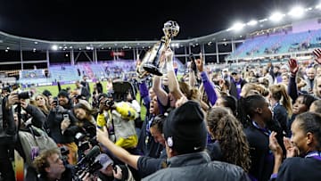 Nov 23, 2024; Kansas City, Missouri, USA; The Orlando Pride celebrates after their win the 2024 NWSL Championship match at CPKC Stadium. Mandatory Credit: Kylie Graham-Imagn Images