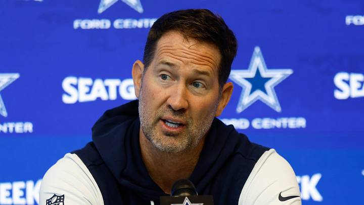 Dallas Cowboys head coach Brian Schottenheimer addresses the media before practice.