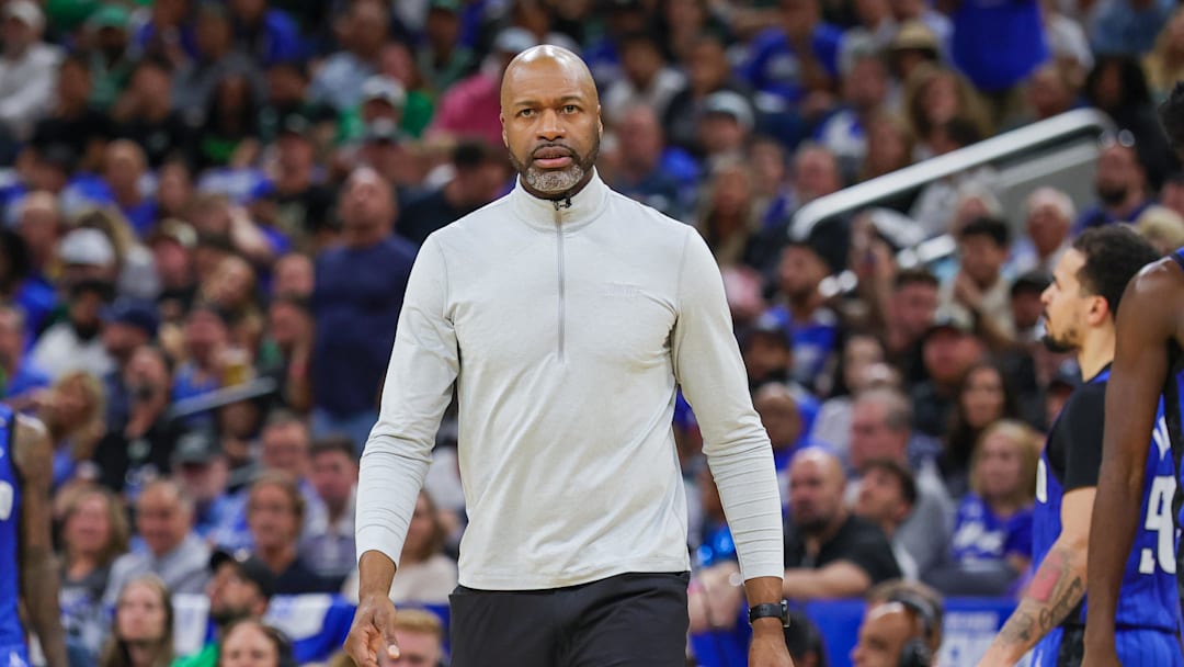 Orlando Magic head coach Jamahl Mosley walks onto the court during a timeout in the second quarter of game three of first round for the 2024 NBA Playoffs at Kia Center. 