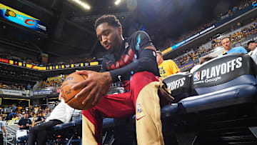 Donovan Mitchell on the bench before Game 4 of the Cavaliers-Pacers series. 