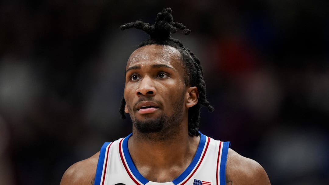 Jan 31, 2026; Lawrence, Kansas, USA; Kansas Jayhawks guard Darryn Peterson (22). Mandatory Credit: Jay Biggerstaff-Imagn Images
