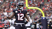 Nov 9, 2025; Houston, Texas, USA; Houston Texans wide receiver Nico Collins (12) reacts after an incomplete pass against the Jacksonville Jaguars during the first half at NRG Stadium. Mandatory Credit: Troy Taormina-Imagn Images