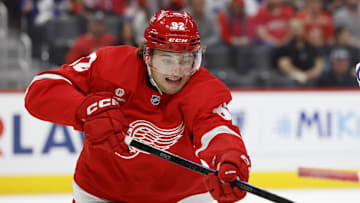 Oct 3, 2024; Detroit, Michigan, USA;  Detroit Red Wings center Marco Kasper (92) skates in the first period against the Toronto Maple Leafs at Little Caesars Arena. Mandatory Credit: Rick Osentoski-Imagn Images