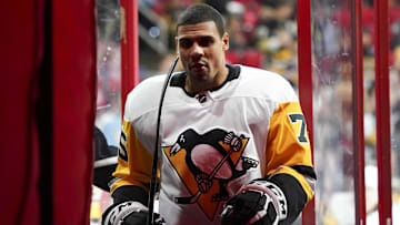 Feb 23, 2018; Raleigh, NC, USA;  Pittsburgh Penguins forward Ryan Reaves (75) comes off the ice after warmups against the Carolina Hurricanes at PNC Arena. The Pittsburgh Penguins defeated the Carolina Hurricanes 6-1. Mandatory Credit: James Guillory-Imagn Images