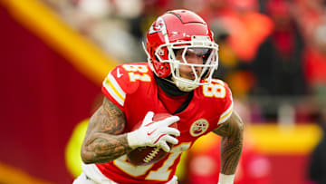 Jan 18, 2025; Kansas City, Missouri, USA; Kansas City Chiefs wide receiver Nikko Remigio (81) returns a kickoff during the first half against Houston Texans in a 2025 AFC divisional round game at GEHA Field at Arrowhead Stadium. Mandatory Credit: Jay Biggerstaff-Imagn Images