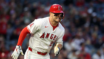 Apr 24, 2025; Anaheim, California, USA;  Los Angeles Angels right fielder Mike Trout (27) runs around bases on a triple during the fourth inning against the Pittsburgh Pirates at Angel Stadium. Mandatory Credit: Kiyoshi Mio-Imagn Images