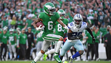 Philadelphia Eagles receiver DeVonta Smith scores a touchdown  against the Dallas Cowboys in an NFL regular season game