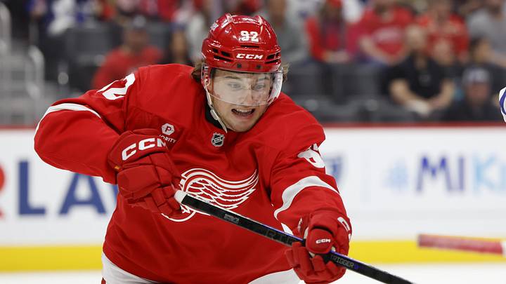 Oct 3, 2024; Detroit, Michigan, USA;  Detroit Red Wings center Marco Kasper (92) skates in the first period against the Toronto Maple Leafs at Little Caesars Arena. Mandatory Credit: Rick Osentoski-Imagn Images