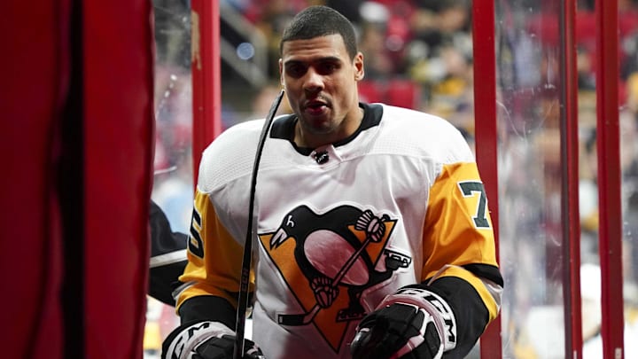 Feb 23, 2018; Raleigh, NC, USA;  Pittsburgh Penguins forward Ryan Reaves (75) comes off the ice after warmups against the Carolina Hurricanes at PNC Arena. The Pittsburgh Penguins defeated the Carolina Hurricanes 6-1. Mandatory Credit: James Guillory-Imagn Images