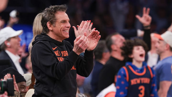 May 14, 2024; New York, New York, USA; Actor Ben Stiller
celebrates during the first half during game five of the second round for the 2024 NBA playoffs between the New York Knicks and the Indiana Pacers at Madison Square Garden. Mandatory Credit: Vincent Carchietta-USA TODAY Sports