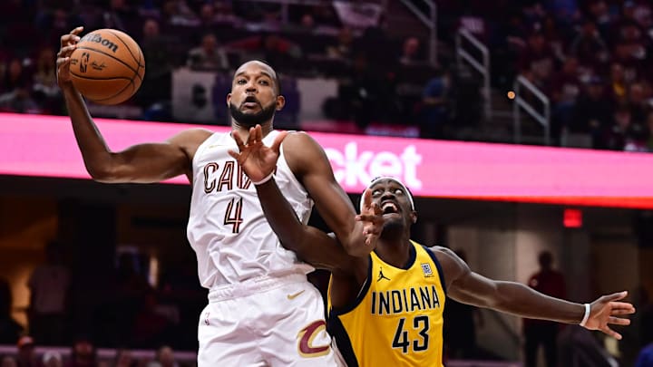 May 4, 2025; Cleveland, Ohio, USA; Cleveland Cavaliers forward Evan Mobley (4) goes for a rebound against Indiana Pacers forward Pascal Siakam (43) during the second half in game one of the second round for the 2025 NBA Playoffs at Rocket Arena. Mandatory Credit: Ken Blaze-Imagn Images May 4, 2025; Cleveland, Ohio, USA; Cleveland Cavaliers forward Evan Mobley (4) goes for a rebound against Indiana Pacers forward Pascal Siakam (43) during the second half in game one of the second round for the 2025 NBA Playoffs at Rocket Arena. Mandatory Credit: Ken Blaze-Imagn Images