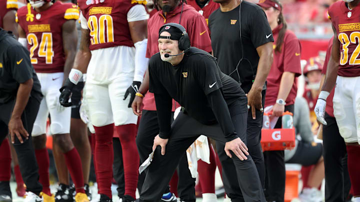 Sep 8, 2024; Tampa, Florida, USA;  Washington Commanders head coach Dan Quinn against the Tampa Bay Buccaneers during the second half at Raymond James Stadium. Mandatory Credit: Kim Klement Neitzel-Imagn Images