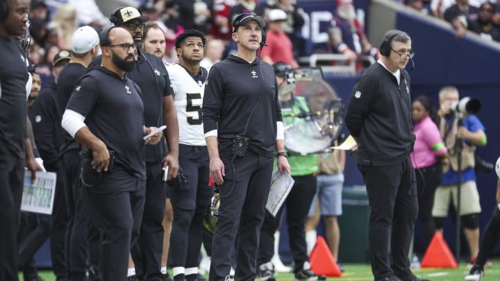 New Orleans Saints head coach Dennis Allen watches from the sideline against the Houston Texans