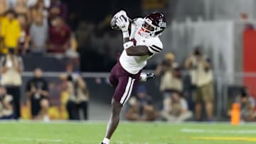 Sep 7, 2024; Tempe, Arizona, USA; Mississippi State Bulldogs wide receiver Jordan Mosley (6) against the Arizona State Sun Devils at Mountain America Stadium. Mandatory Credit: Mark J. Rebilas-Imagn Images