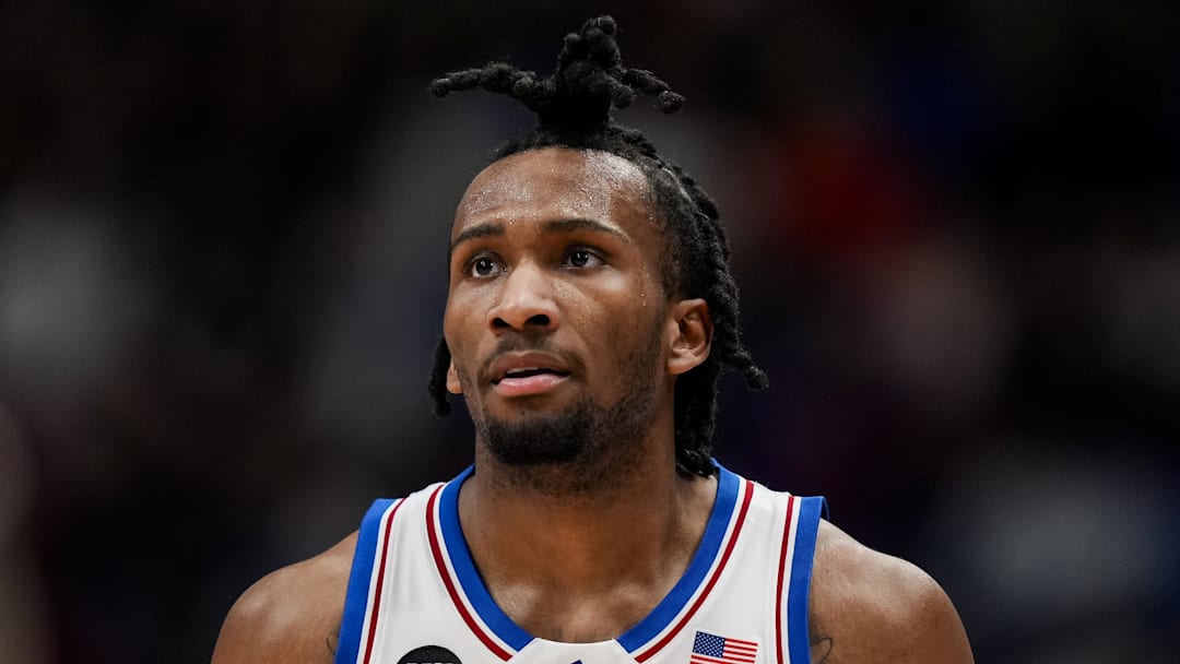 Kansas Jayhawks guard Darryn Peterson (22) reacts during the first half against the BYU Cougars at Mizzou Arena. 