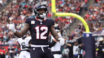 Nov 9, 2025; Houston, Texas, USA; Houston Texans wide receiver Nico Collins (12) reacts after an incomplete pass against the Jacksonville Jaguars during the first half at NRG Stadium. Mandatory Credit: Troy Taormina-Imagn Images