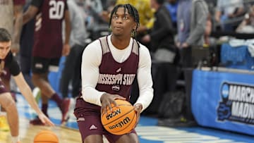 Mar 20, 2024; Charlotte, NC, USA; Mississippi State Bulldogs guard Trey Fort (11) during practices at Spectrum Center. Mandatory Credit: Jim Dedmon-Imagn Images