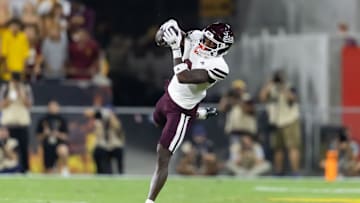 Sep 7, 2024; Tempe, Arizona, USA; Mississippi State Bulldogs wide receiver Jordan Mosley (6) against the Arizona State Sun Devils at Mountain America Stadium. Mandatory Credit: Mark J. Rebilas-Imagn Images