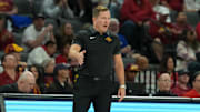 Nov 24, 2025; Las Vegas, Nevada, USA; Iowa State Cyclones head coach T.J. Otzelberger stands on the sidelines during the first half against the St. John's Red Storm in a 2025 Players Era Festival group play game at Michelob Ultra Arena. 
