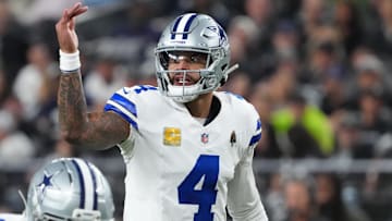 Dallas Cowboys quarterback Dak Prescott gestures at the line of scrimmage against the Las Vegas Raiders.
