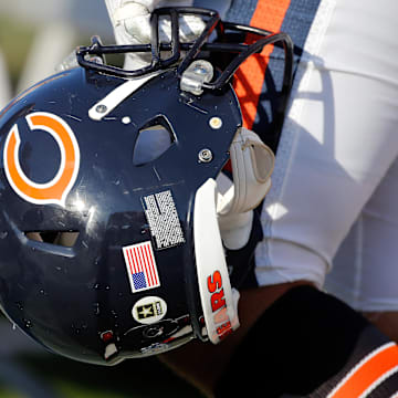 Nov 13, 2016; Tampa, FL, USA;  A detailed view of a Chicago Bears helmet during the second half against the Tampa Bay Buccaneers at Raymond James Stadium. Tampa Bay Buccaneers defeated the Chicago Bears 36-10. Mandatory Credit: Kim Klement-Imagn Images