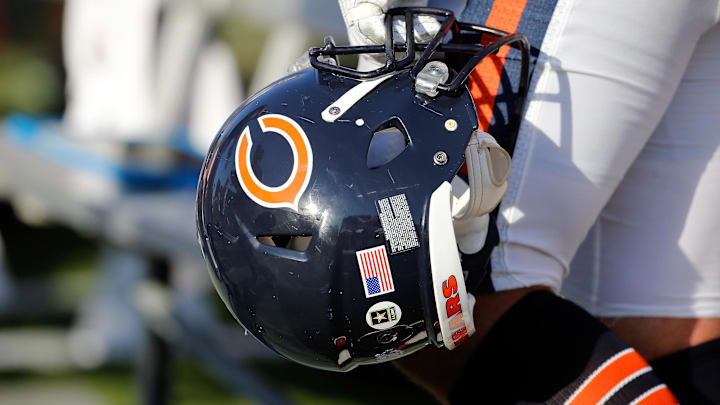Nov 13, 2016; Tampa, FL, USA;  A detailed view of a Chicago Bears helmet during the second half against the Tampa Bay Buccaneers at Raymond James Stadium. Tampa Bay Buccaneers defeated the Chicago Bears 36-10. Mandatory Credit: Kim Klement-Imagn Images