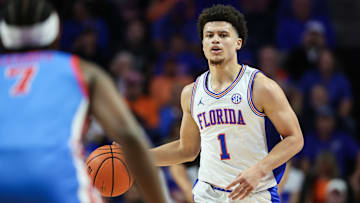 Walter Clayton Jr. #1 of the Florida Gators brings the ball up court during the first half of a game against the Mississippi Rebels at the Stephen C. O'Connell Center on March 08, 2025 in Gainesville, Florida. 