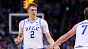 Mar 29, 2025; Newark, NJ, USA; Duke Blue Devils forward Cooper Flagg (2) celebrates with guard Kon Knueppel (7) during the second half against the Alabama Crimson Tide in the East Regional final of the 2025 NCAA tournament at Prudential Center. Mandatory Credit: Vincent Carchietta-Imagn Images