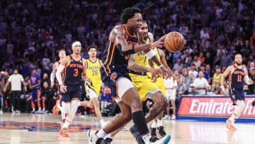 May 8, 2024; New York, New York, USA; New York Knicks forward OG Anunoby (8) drives past Indiana Pacers forward Obi Toppin (1) in the third quarter during game two of the second round for the 2024 NBA playoffs at Madison Square Garden. Mandatory Credit: Wendell Cruz-USA TODAY Sports