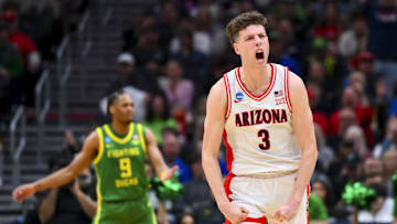 Mar 23, 2025; Seattle, WA, USA;  Arizona Wildcats guard Anthony Dell'Orso (3) reacts after a play against the Oregon Ducks in the first half at Climate Pledge Arena. Mandatory Credit: Steven Bisig-Imagn Images