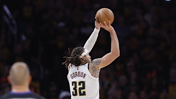 May 5, 2025; Oklahoma City, Oklahoma, USA; Denver Nuggets forward Aaron Gordon (32) shoots a three point basket to win game one of the second round against the Oklahoma City Thunder during the 2025 NBA Playoffs at Paycom Center. Mandatory Credit: Alonzo Adams-Imagn Images