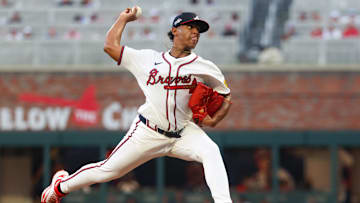 Jul 2, 2025; Atlanta, Georgia, USA; Atlanta Braves starting pitcher Didier Fuentes (75) throws against the Los Angeles Angels in the fourth inning at Truist Park. Mandatory Credit: Brett Davis-Imagn Images
