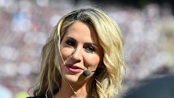 SEC Nation host Laura Rutledge speaks prior to the game between the Texas A&M Aggies and the Missouri Tigers at Kyle Field. 