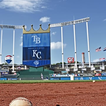 Jul 2, 2024; Kansas City, Missouri, USA;  A general view of of Kauffman Stadium before a game between the Kansas City Royals and Tampa Bay Rays. Mandatory Credit: Peter Aiken-Imagn Images