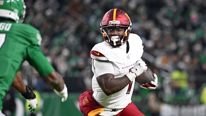 Jan 4, 2026; Philadelphia, Pennsylvania, USA;  Washington Commanders wide receiver Deebo Samuel (1) against the Philadelphia Eagles at Lincoln Financial Field. Mandatory Credit: Eric Hartline-Imagn Images