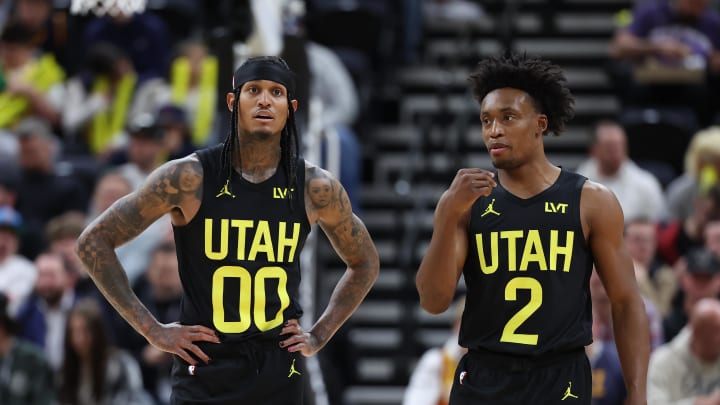 Mar 6, 2024; Salt Lake City, Utah, USA; Utah Jazz guard Jordan Clarkson (00) and guard Collin Sexton (2) speak during a second quarter break in action against the Chicago Bulls at Delta Center. Mandatory Credit: Rob Gray-USA TODAY Sports