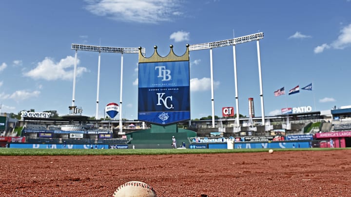 Jul 2, 2024; Kansas City, Missouri, USA;  A general view of of Kauffman Stadium before a game between the Kansas City Royals and Tampa Bay Rays. Mandatory Credit: Peter Aiken-Imagn Images