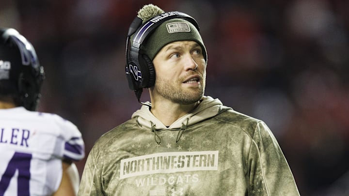 Nov 11, 2023; Madison, Wisconsin, USA; Northwestern Wildcats interim head coach David Braun looks on during the fourth quarter against the Wisconsin Badgers at Camp Randall Stadium. Mandatory Credit: Jeff Hanisch-Imagn Images Nov 11, 2023; Madison, Wisconsin, USA; Northwestern Wildcats interim head coach David Braun looks on during the fourth quarter against the Wisconsin Badgers at Camp Randall Stadium. Mandatory Credit: Jeff Hanisch-Imagn Images