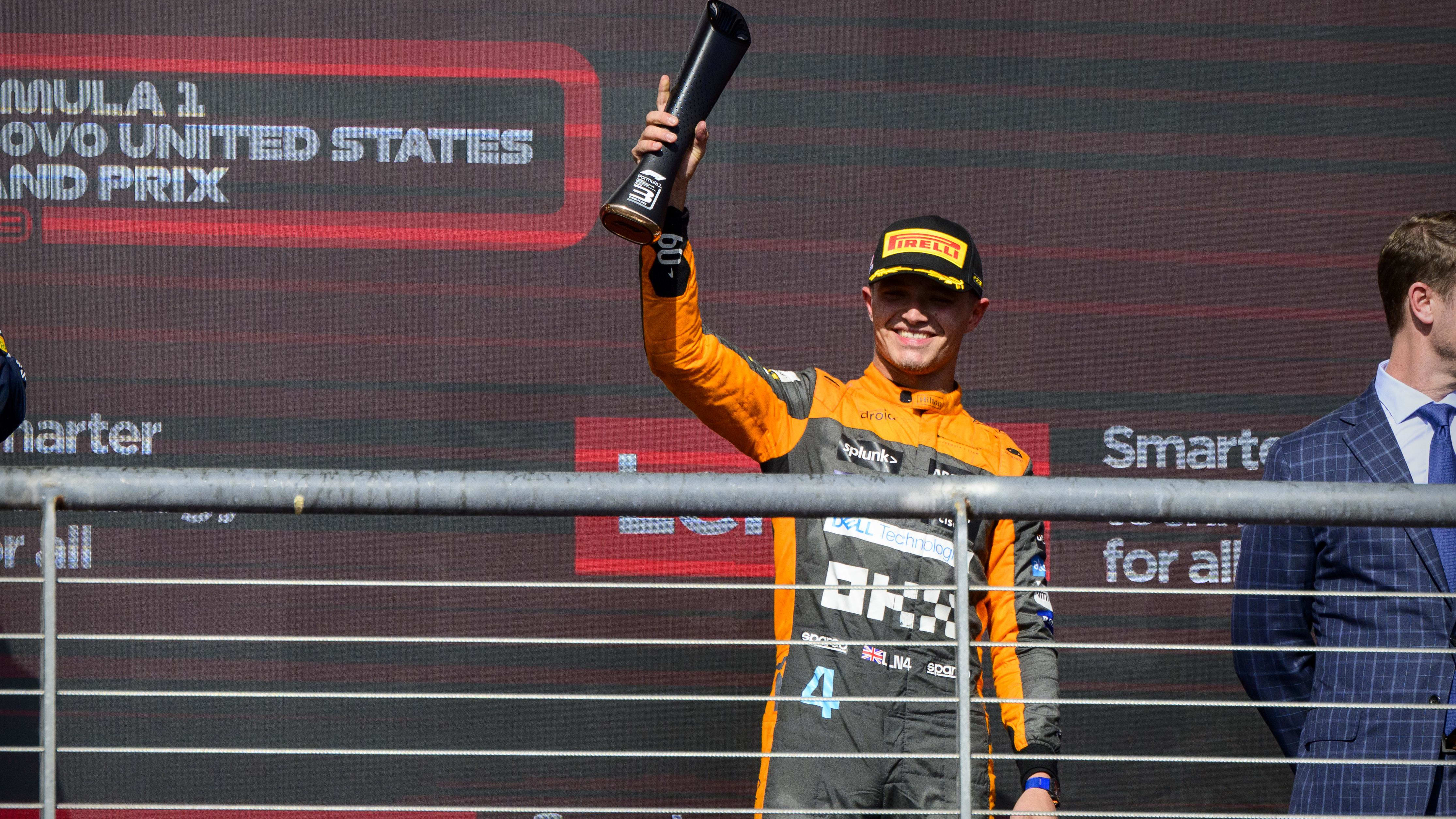 Oct 22, 2023; Austin, Texas, USA; McLaren F1 driver Lando Norris (4) of Team Great Britain on podium