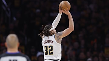 May 5, 2025; Oklahoma City, Oklahoma, USA; Denver Nuggets forward Aaron Gordon (32) shoots a three point basket to win game one of the second round against the Oklahoma City Thunder during the 2025 NBA Playoffs at Paycom Center. Mandatory Credit: Alonzo Adams-Imagn Images