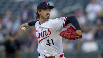 Aug 19, 2025; Minneapolis, Minnesota, USA; Minnesota Twins starting pitcher Joe Ryan (41) delivers a pitch against the Athletics in the first inning at Target Field. Mandatory Credit: Jesse Johnson-Imagn Images