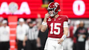 Dec 6, 2025; Atlanta, GA, USA; Alabama Crimson Tide quarterback Ty Simpson (15) looks on during the first quarteragainst the Georgia Bulldogs during the 2025 SEC Championship game at Mercedes-Benz Stadium. Mandatory Credit: Brett Davis-Imagn Images