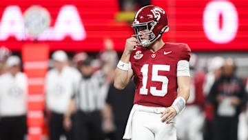 Dec 6, 2025; Atlanta, GA, USA; Alabama Crimson Tide quarterback Ty Simpson (15) looks on during the first quarteragainst the Georgia Bulldogs during the 2025 SEC Championship game at Mercedes-Benz Stadium. Mandatory Credit: Brett Davis-Imagn Images