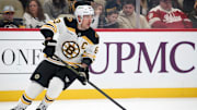 Mar 1, 2025; Pittsburgh, Pennsylvania, USA;  Boston Bruins left wing Brad Marchand (63) skates with the puck against the Pittsburgh Penguins during the first period at PPG Paints Arena. Mandatory Credit: Charles LeClaire-Imagn Images