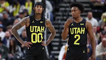 Mar 6, 2024; Salt Lake City, Utah, USA; Utah Jazz guard Jordan Clarkson (00) and guard Collin Sexton (2) speak during a second quarter break in action against the Chicago Bulls at Delta Center. Mandatory Credit: Rob Gray-Imagn Images