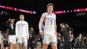 Apr 5, 2025; San Antonio, TX, USA; Duke Blue Devils guard Kon Knueppel (7) walks off the court after losing to the Houston Cougars in the semifinals of the men's Final Four of the 2025 NCAA Tournament at the Alamodome. Mandatory Credit: Robert Deutsch-Imagn Images