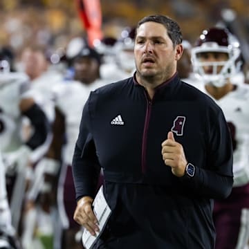 Sep 7, 2024; Tempe, Arizona, USA; Mississippi State Bulldogs head coach Jeff Lebby against the Arizona State Sun Devils at Mountain America Stadium. Mandatory Credit: Mark J. Rebilas-Imagn Images