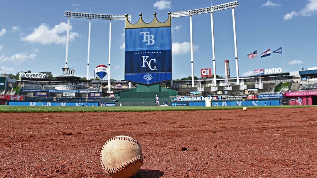 Jul 2, 2024; Kansas City, Missouri, USA;  A general view of of Kauffman Stadium before a game between the Kansas City Royals and Tampa Bay Rays. Mandatory Credit: Peter Aiken-Imagn Images