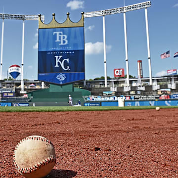 Jul 2, 2024; Kansas City, Missouri, USA;  A general view of of Kauffman Stadium before a game between the Kansas City Royals and Tampa Bay Rays. Mandatory Credit: Peter Aiken-Imagn Images